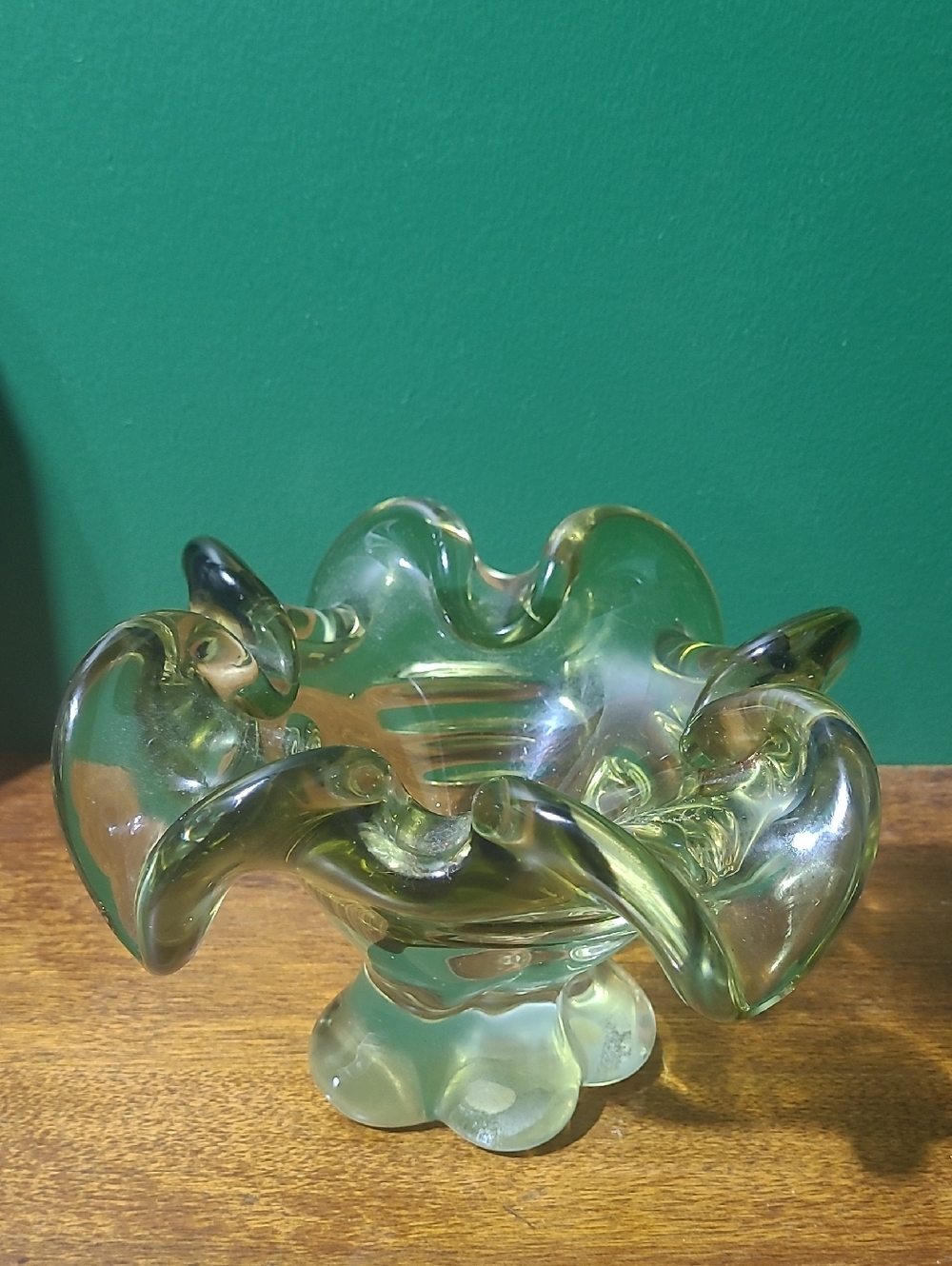 Vintage Olive Green Chalet Art Glass Curved Ruffled Edges
